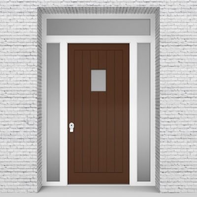 15.single Door With Two Side Panels And Transom 7 Vertical Lines With Rectangle Pane Clay Brown (ral8003)