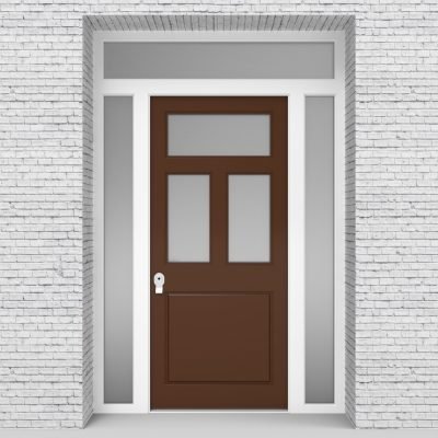 15.single Door With Two Side Panels And Transom Edwardian 4 Panel With 3 Glass Panes Clay Brown (ral8003)