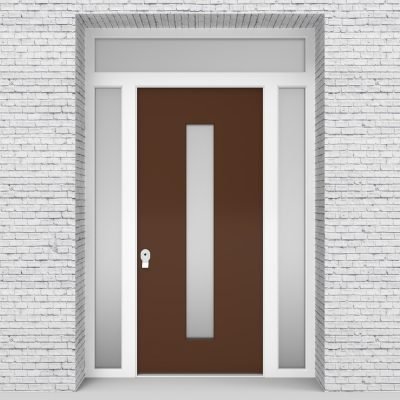 15.single Door With Two Side Panels And Transom Plain With Central Glass Clay Brown (ral8003)