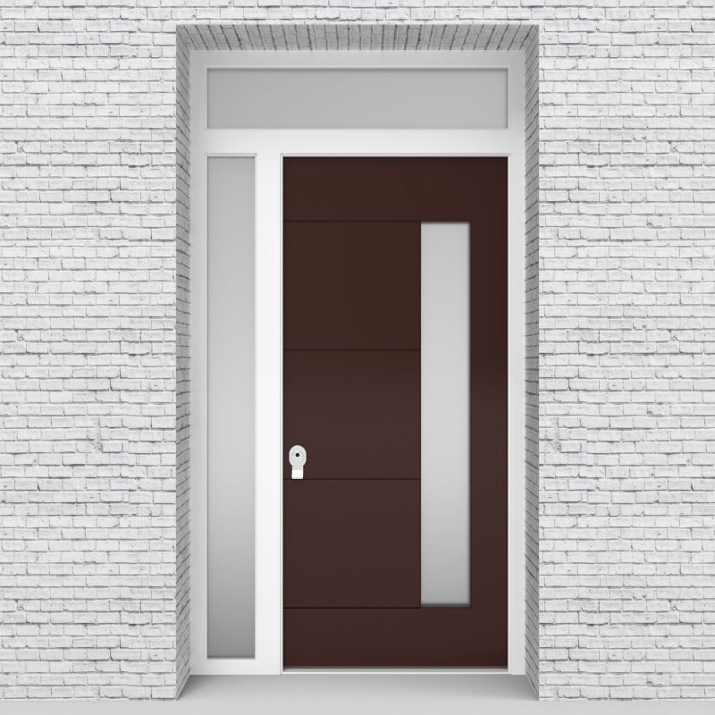 16.single Door With Left Side Panel And Transom 4 Horizontal Lines With Hinge Side Glass Chocolate Brown (ral8017)