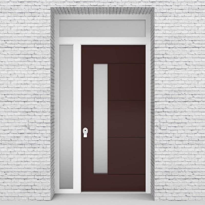 16.single Door With Left Side Panel And Transom 4 Horizontal Lines With Lock Side Glass Chocolate Brown (ral8017)