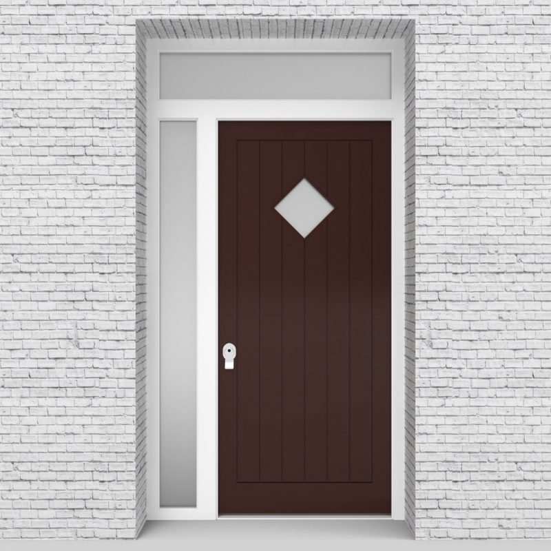 16.single Door With Left Side Panel And Transom 7 Vertical Lines With Diamond Pane Chocolate Brown (ral8017)