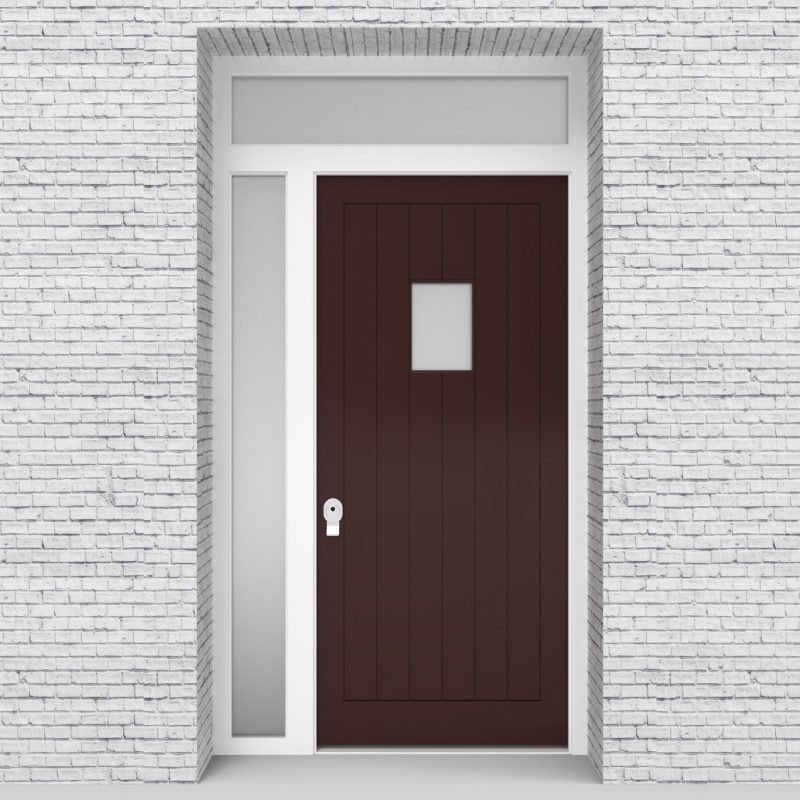 16.single Door With Left Side Panel And Transom 7 Vertical Lines With Rectangle Pane Chocolate Brown (ral8017)