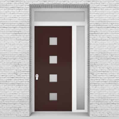 16.single Door With Right Side Panel And Transom Plain With 4 Glass Squares Chocolate Brown (ral8017)