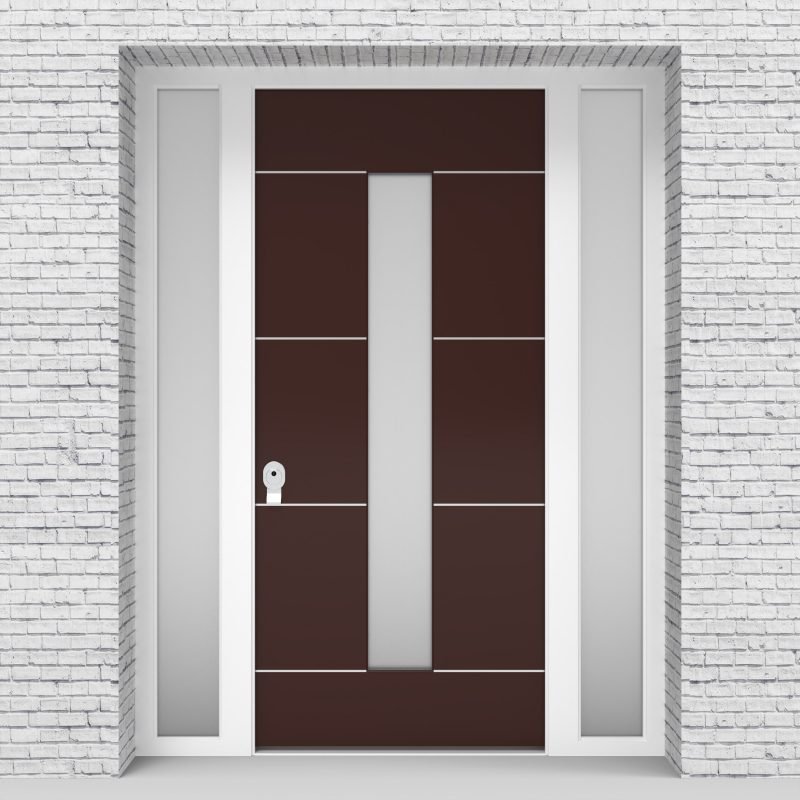 16.single Door With Two Side Panels 4 Aluminium Inlays With Central Glass Chocolate Brown (ral8017)