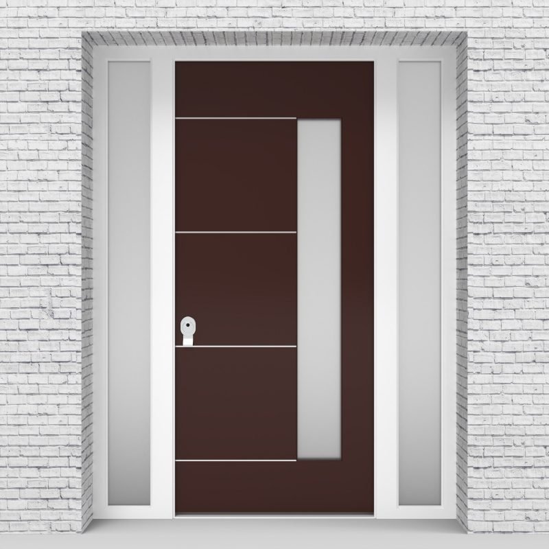 16.single Door With Two Side Panels 4 Aluminium Inlays With Hinge Side Glass Chocolate Brown (ral8017)