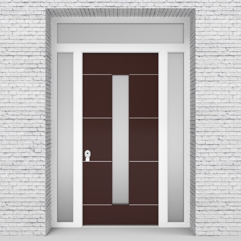 16.single Door With Two Side Panels And Transom 4 Aluminium Inlays With Central Glass Chocolate Brown (ral8017)