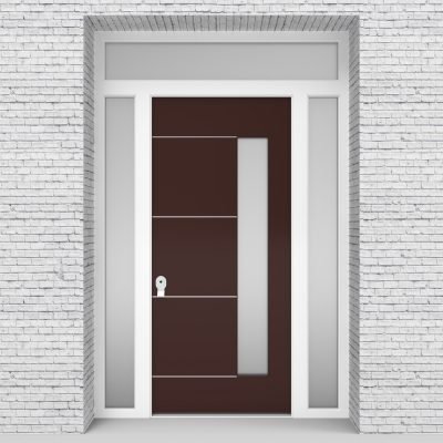 16.single Door With Two Side Panels And Transom 4 Aluminium Inlays With Hinge Side Glass Chocolate Brown (ral8017)