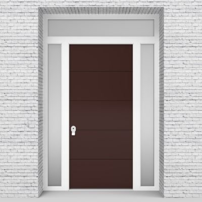 16.single Door With Two Side Panels And Transom 4 Horizontal Lines Chocolate Brown (ral8017)