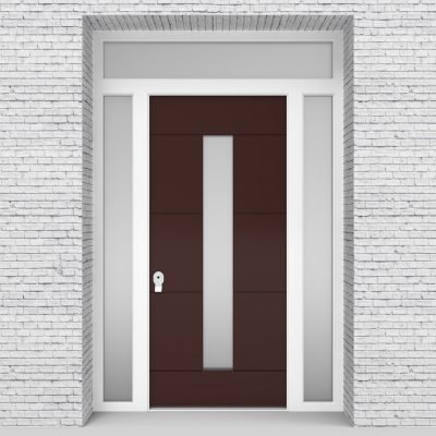 16.single Door With Two Side Panels And Transom 4 Horizontal Lines With Central Glass Chocolate Brown (ral8017)