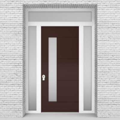 16.single Door With Two Side Panels And Transom 4 Horizontal Lines With Lock Side Glass Chocolate Brown (ral8017)