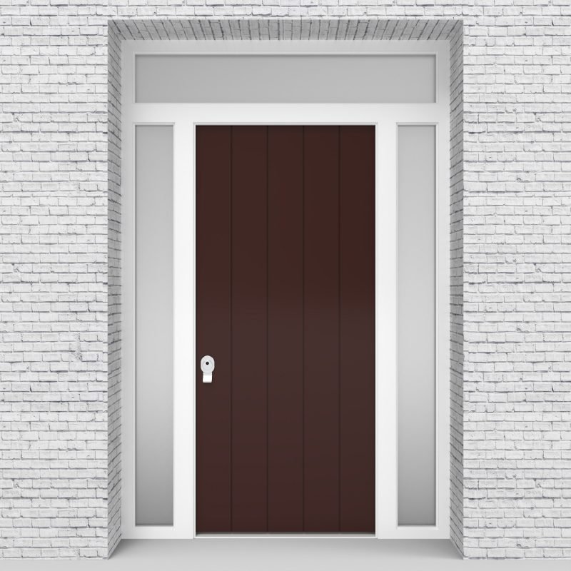 16.single Door With Two Side Panels And Transom 4 Vertical Lines Chocolate Brown (ral8017)