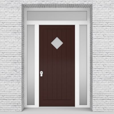 16.single Door With Two Side Panels And Transom 7 Vertical Lines With Diamond Pane Chocolate Brown (ral8017)