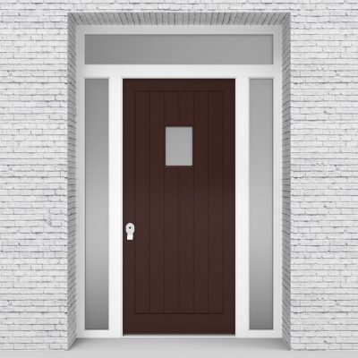 16.single Door With Two Side Panels And Transom 7 Vertical Lines With Rectangle Pane Chocolate Brown (ral8017)