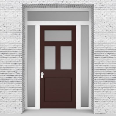 16.single Door With Two Side Panels And Transom Edwardian 4 Panel With 3 Glass Panes Chocolate Brown (ral8017)