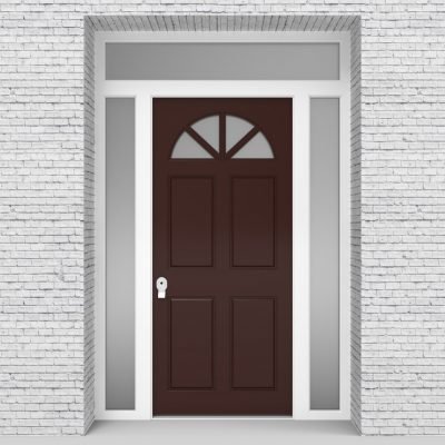 16.single Door With Two Side Panels And Transom Edwardian 4 Panel With Arched Glass Pane Chocolate Brown (ral8017)
