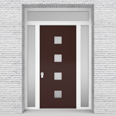 16.single Door With Two Side Panels And Transom Plain With 4 Glass Squares Chocolate Brown (ral8017)