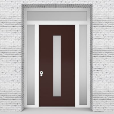 16.single Door With Two Side Panels And Transom Plain With Central Glass Chocolate Brown (ral8017)