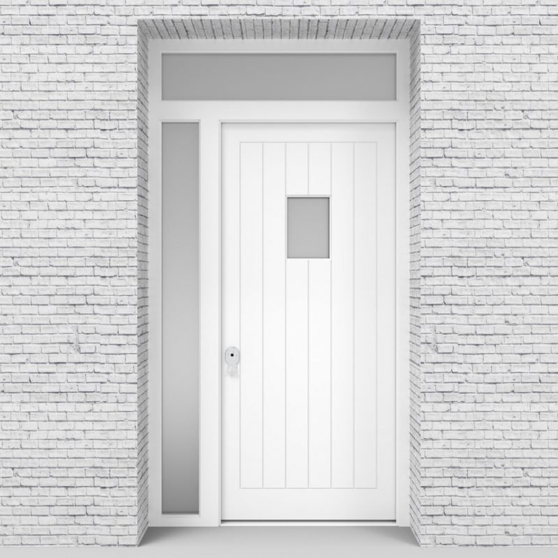 5.single Door With Left Side Panel And Transom 7 Vertical Lines With Rectangle Pane Traffic White (ral9016)