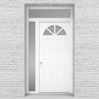 5.single Door With Left Side Panel And Transom Edwardian 4 Panel With Arched Glass Pane Traffic White (ral9016)