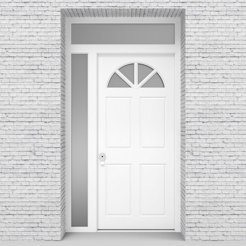 5.single Door With Left Side Panel And Transom Edwardian 4 Panel With Arched Glass Pane Traffic White (ral9016)