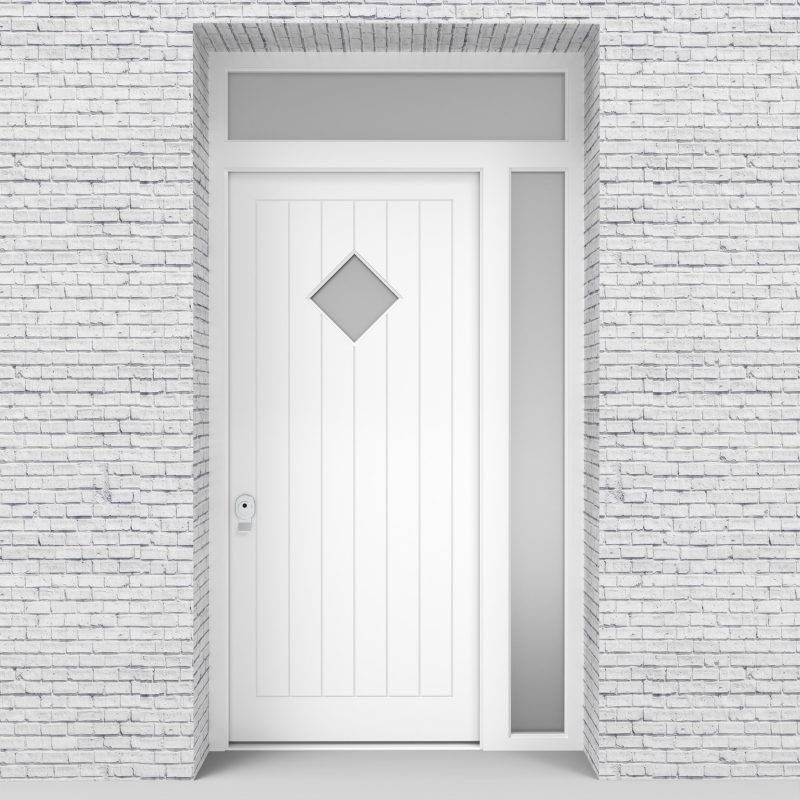 5.single Door With Right Side Panel And Transom 7 Vertical Lines With Diamond Pane Traffic White (ral9016)