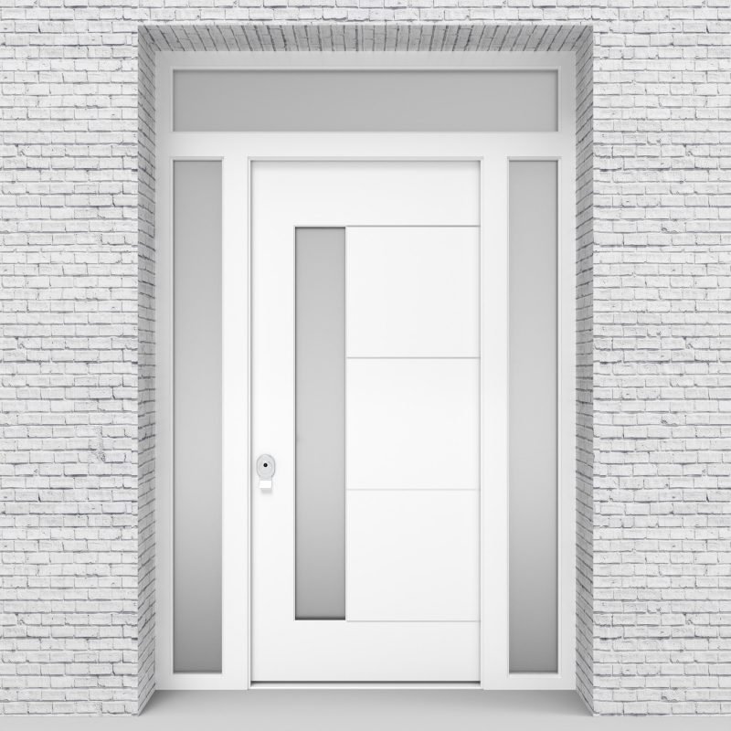 5.single Door With Two Side Panels And Transom 4 Aluminium Inlays With Lock Side Glass Traffic White (ral9016)