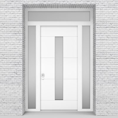5.single Door With Two Side Panels And Transom 4 Horizontal Lines With Central Glass Traffic White (ral9016)