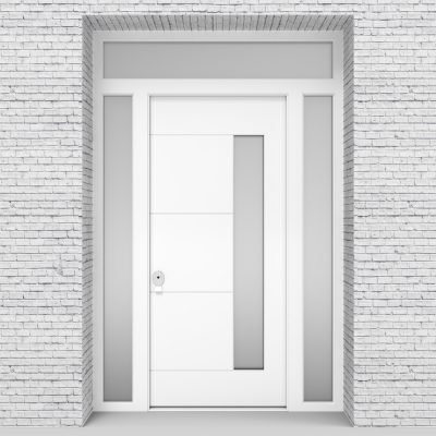 5.single Door With Two Side Panels And Transom 4 Horizontal Lines With Hinge Side Glass Traffic White (ral9016)