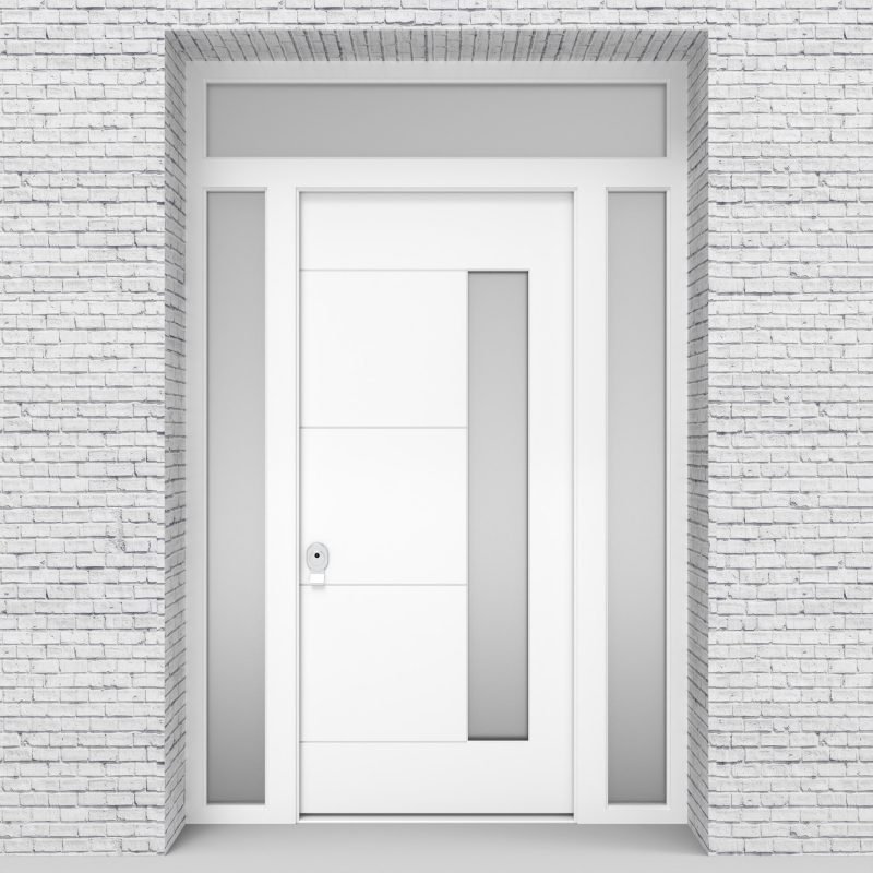 5.single Door With Two Side Panels And Transom 4 Horizontal Lines With Hinge Side Glass Traffic White (ral9016)