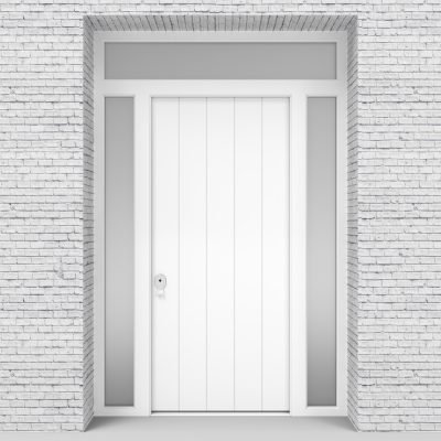 5.single Door With Two Side Panels And Transom 4 Vertical Lines Traffic White (ral9016)