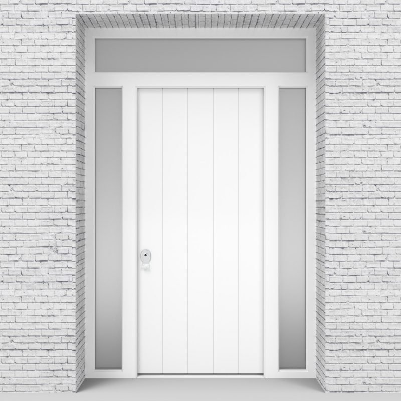 5.single Door With Two Side Panels And Transom 4 Vertical Lines Traffic White (ral9016)