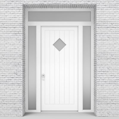 5.single Door With Two Side Panels And Transom 7 Vertical Lines With Diamond Pane Traffic White (ral9016)