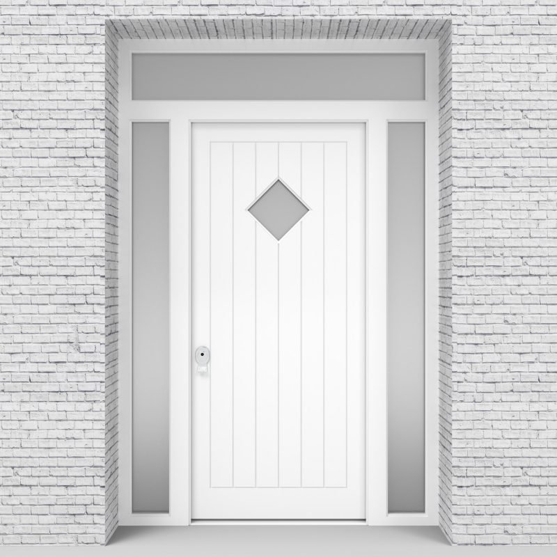 5.single Door With Two Side Panels And Transom 7 Vertical Lines With Diamond Pane Traffic White (ral9016)