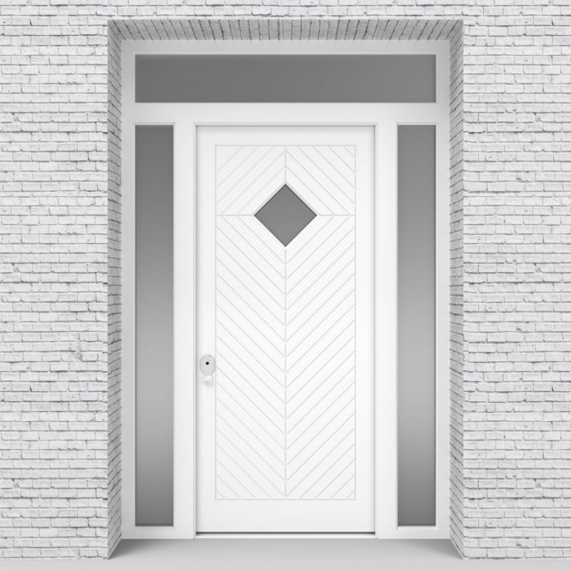 5.single Door With Two Side Panels And Transom Cottage Style With Diamond Pane Traffic White (ral9016)