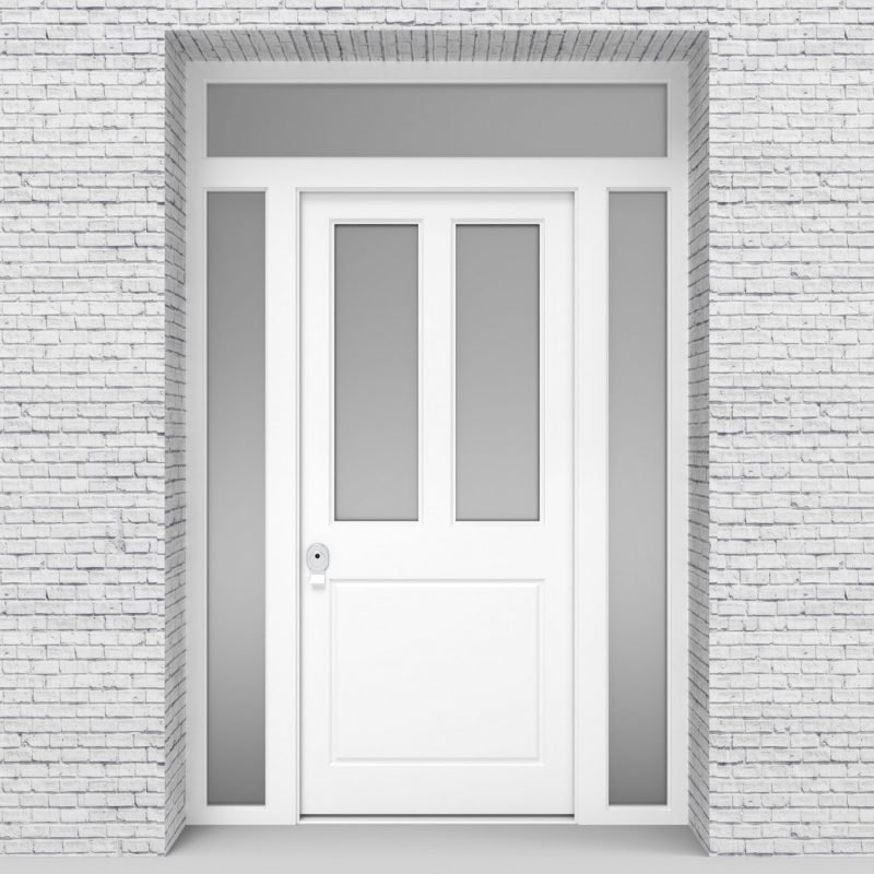 5.single Door With Two Side Panels And Transom Edwardian 3 Panel With 2 Glass Panes Traffic White (ral9016)