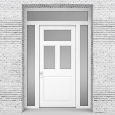 5.single Door With Two Side Panels And Transom Edwardian 4 Panel With 3 Glass Panes Traffic White (ral9016)