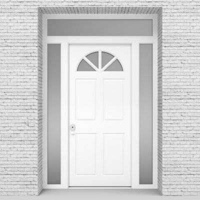 5.single Door With Two Side Panels And Transom Edwardian 4 Panel With Arched Glass Pane Traffic White (ral9016)