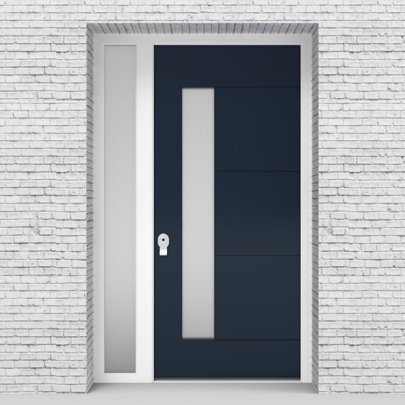9.single Door With Left Side Panel 4 Horizontal Lines With Lock Side Glass Sapphire Blue (ral5003)