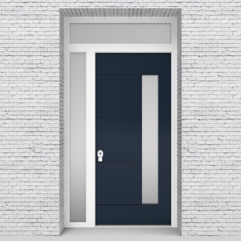 9.single Door With Left Side Panel And Transom 4 Horizontal Lines With Hinge Side Glass Sapphire Blue (ral5003)