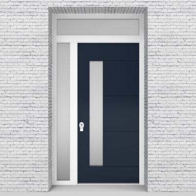 9.single Door With Left Side Panel And Transom 4 Horizontal Lines With Lock Side Glass Sapphire Blue (ral5003)