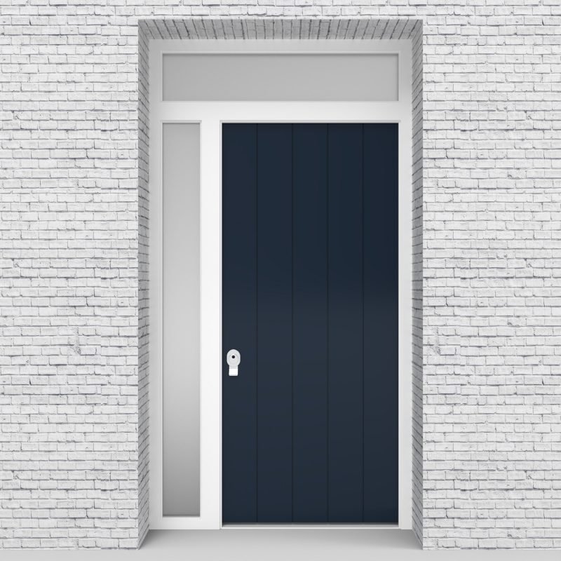 9.single Door With Left Side Panel And Transom 4 Vertical Lines Sapphire Blue (ral5003)