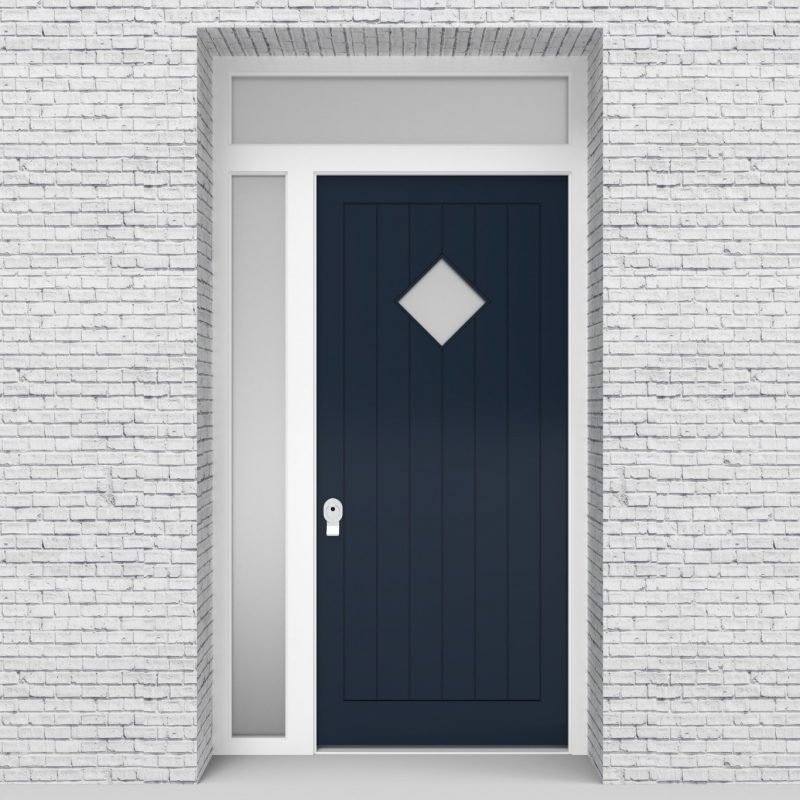 9.single Door With Left Side Panel And Transom 7 Vertical Lines With Diamond Pane Sapphire Blue (ral5003)