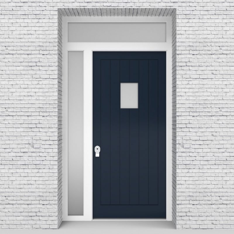 9.single Door With Left Side Panel And Transom 7 Vertical Lines With Rectangle Pane Sapphire Blue (ral5003)