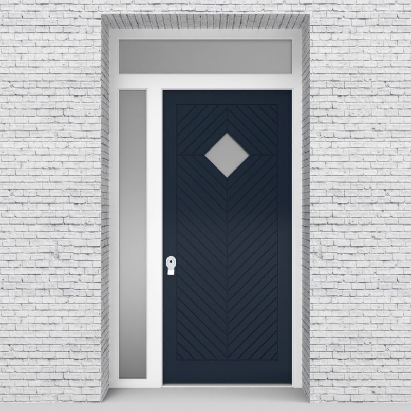 9.single Door With Left Side Panel And Transom Cottage Style With Diamond Pane Sapphire Blue (ral5003)