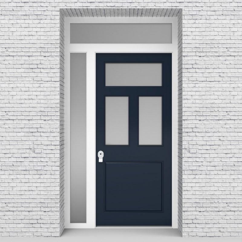 9.single Door With Left Side Panel And Transom Edwardian 4 Panel With 3 Glass Panes Sapphire Blue (ral5003)