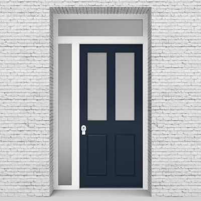 9.single Door With Left Side Panel And Transom Victorian 4 Panel With 2 Glass Panes Sapphire Blue (ral5003)