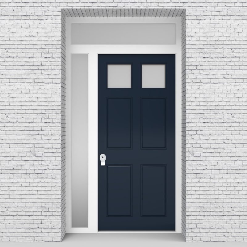 9.single Door With Left Side Panel And Transom Victorian 6 Panel With 2 Glass Panes Sapphire Blue (ral5003)