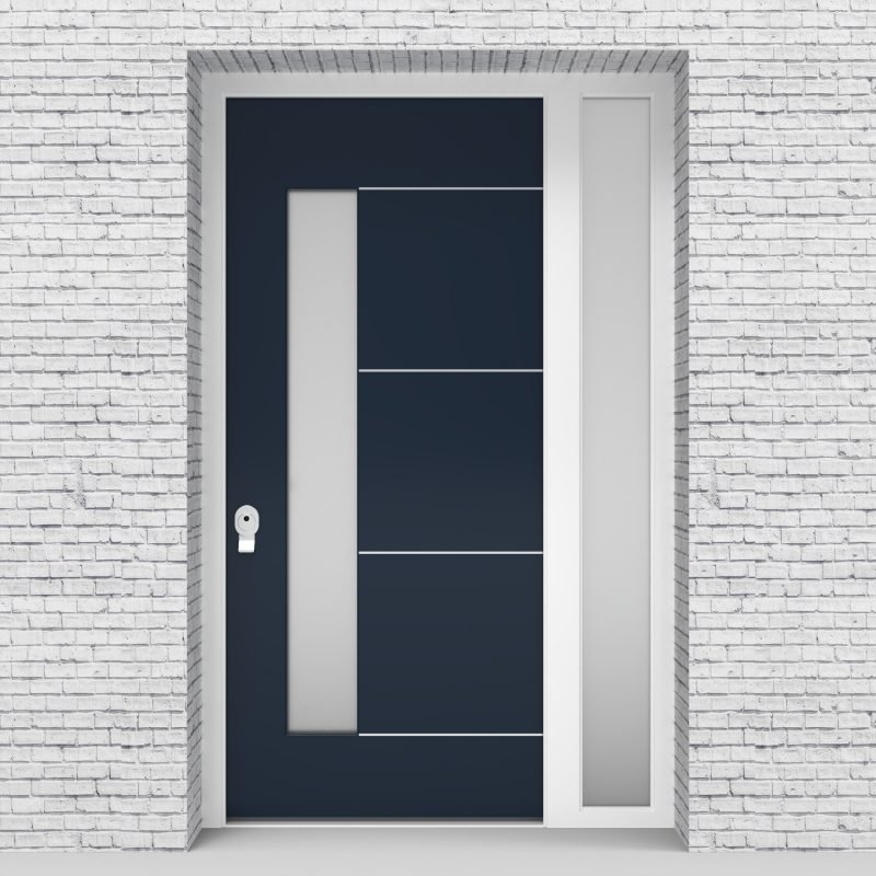 9.single Door With Right Side Panel 4 Aluminium Inlays With Lock Side Glass Sapphire Blue (ral5003)