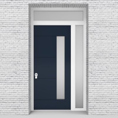 9.single Door With Right Side Panel And Transom 4 Horizontal Lines With Hinge Side Glass Sapphire Blue (ral5003)